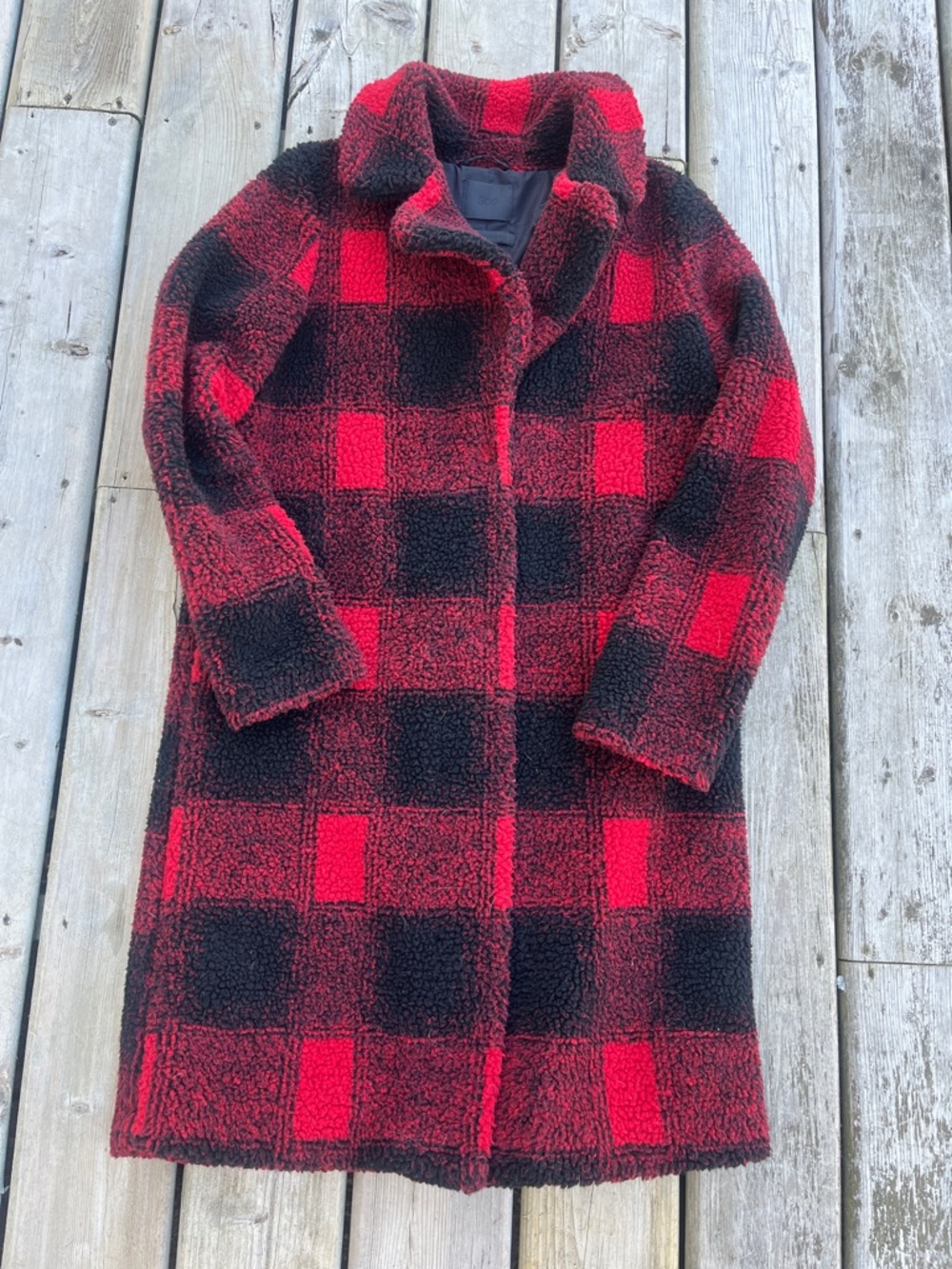 Maison Cinquent 500 Red and Black Long Buffalo Plaid Check Teddy Coat  Medium